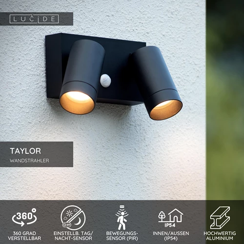 Lucide TAYLOR - Wandstrahler / Wandleuchte Innen/Außen - 2xGU10 - IP54 - Bewegungssensor - Schwarz - USP